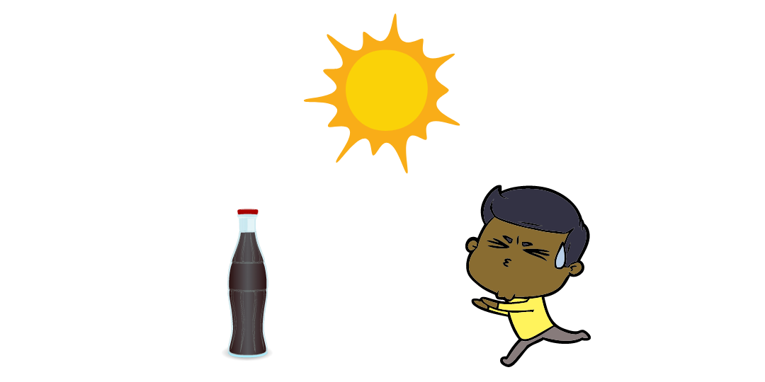 A hot and sweaty person running under the sun towards a Coke