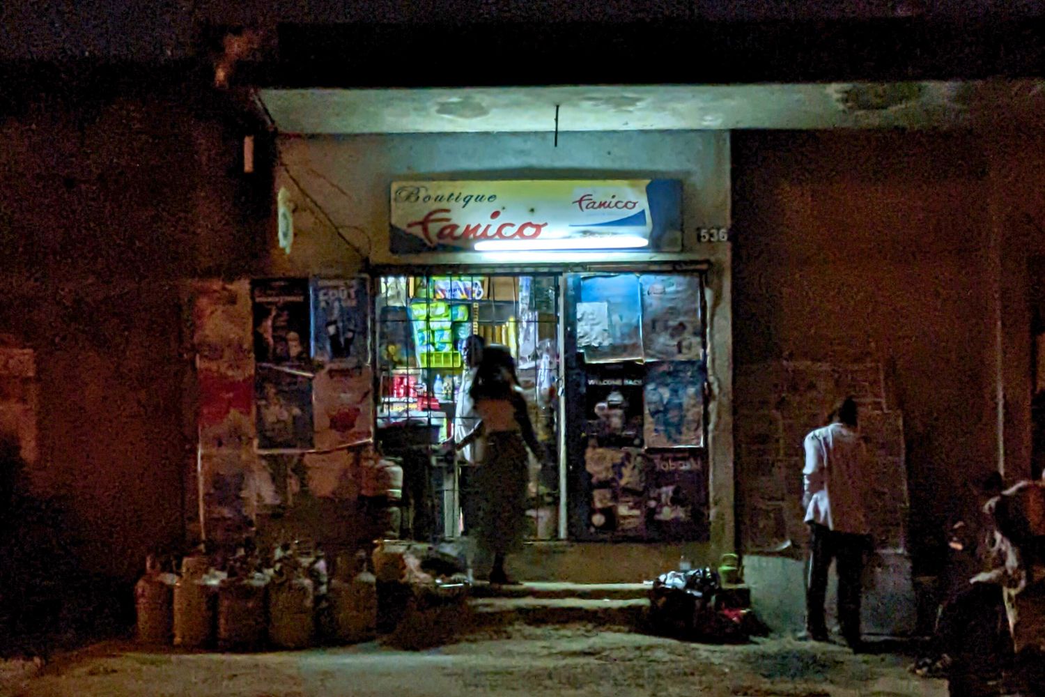 A West African "boutique" (as in, a "general store") at night