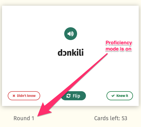 Screenshot of the flashcards in proficiency mode